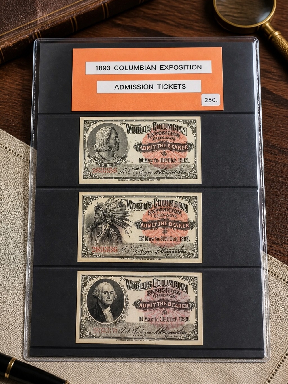 1893 Columbian Exposition Admission Tickets - Set of 3 - Tan & Black